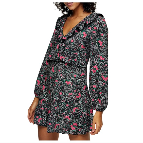 NEW TOPSHOP BLACK FLORAL PRINT MINI DRESS - Picture 4 of 8